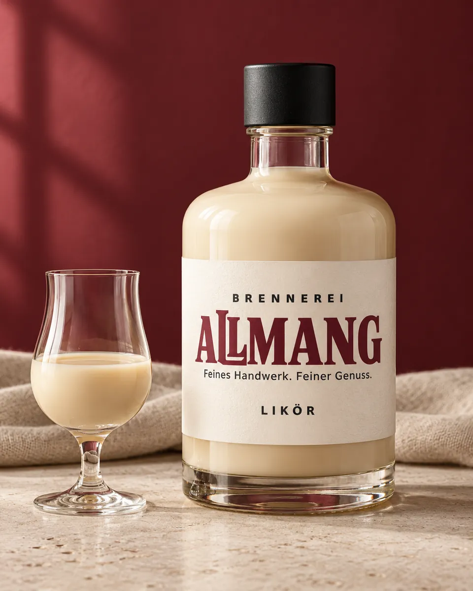 Flasche Cremelikör von Brennerei Allmang neben einem gefüllten Stielglas
