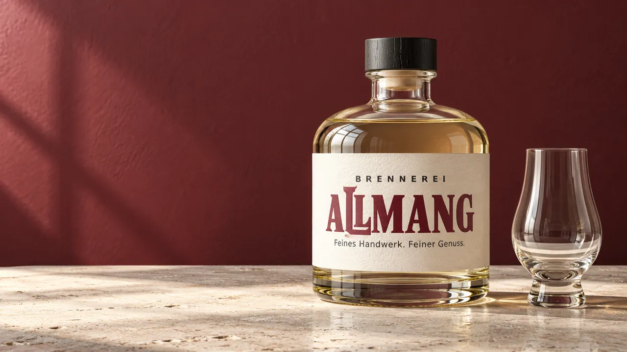 Flasche von Brennerei Allmang mit cremeweißem Etikett neben einem Tulpenglas vor kirschroter Wand