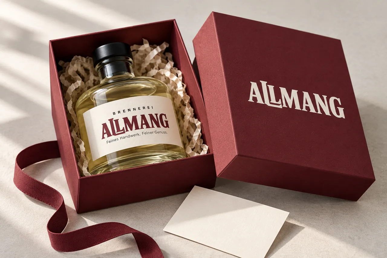 Kirschrote Geschenkbox von Brennerei Allmang mit Flasche, Grußkarte und Stoffband