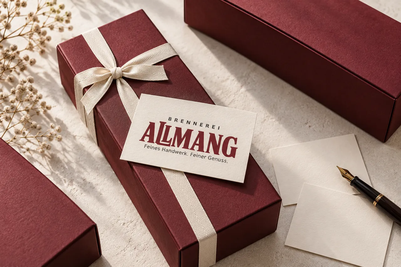 Kirschrote Geschenkboxen mit Karte von Brennerei Allmang, leeren Grußkärtchen und einem Füller