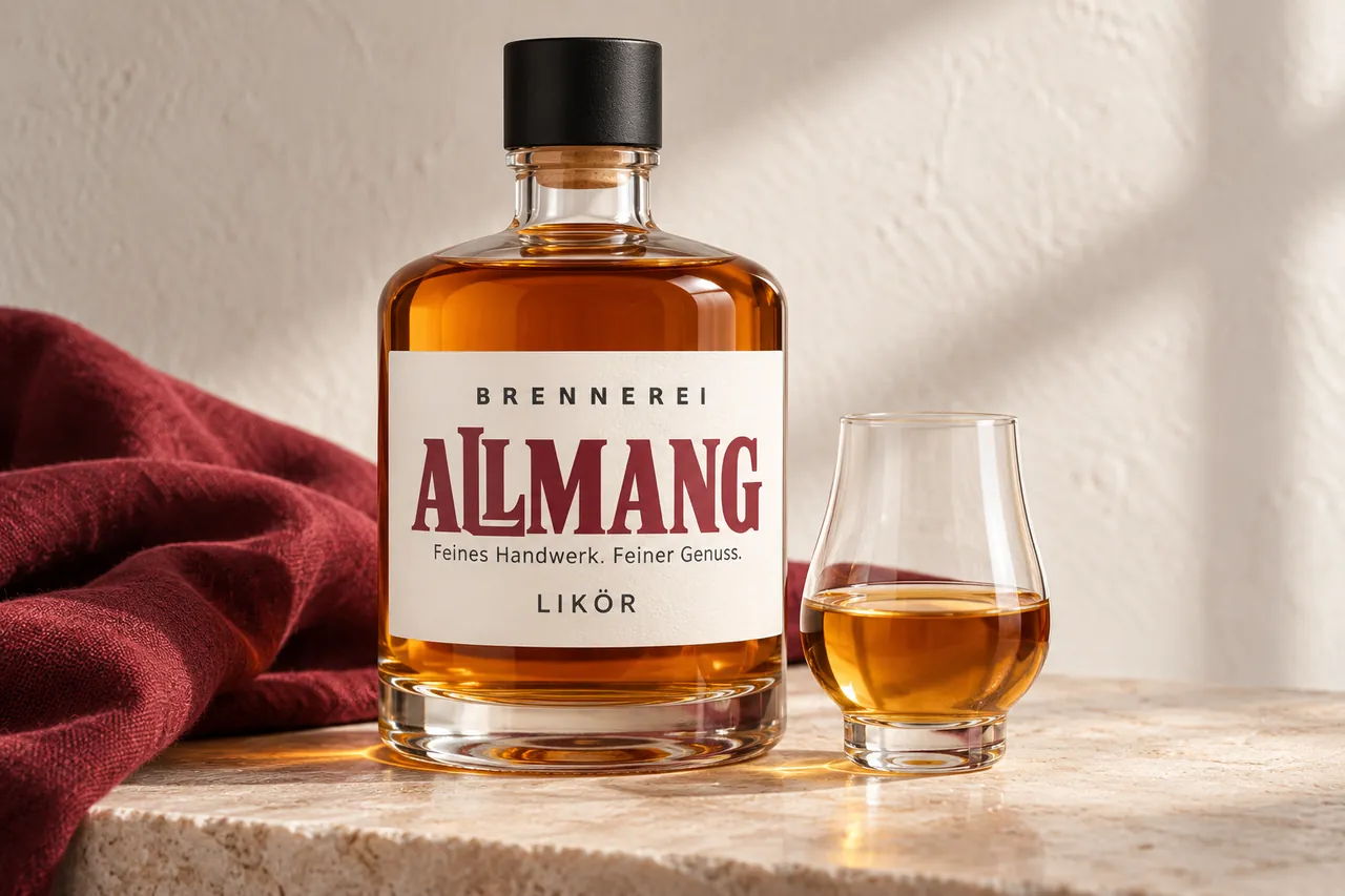 Likörflasche von Brennerei Allmang mit goldbraunem Likör und Glas auf hellem Stein