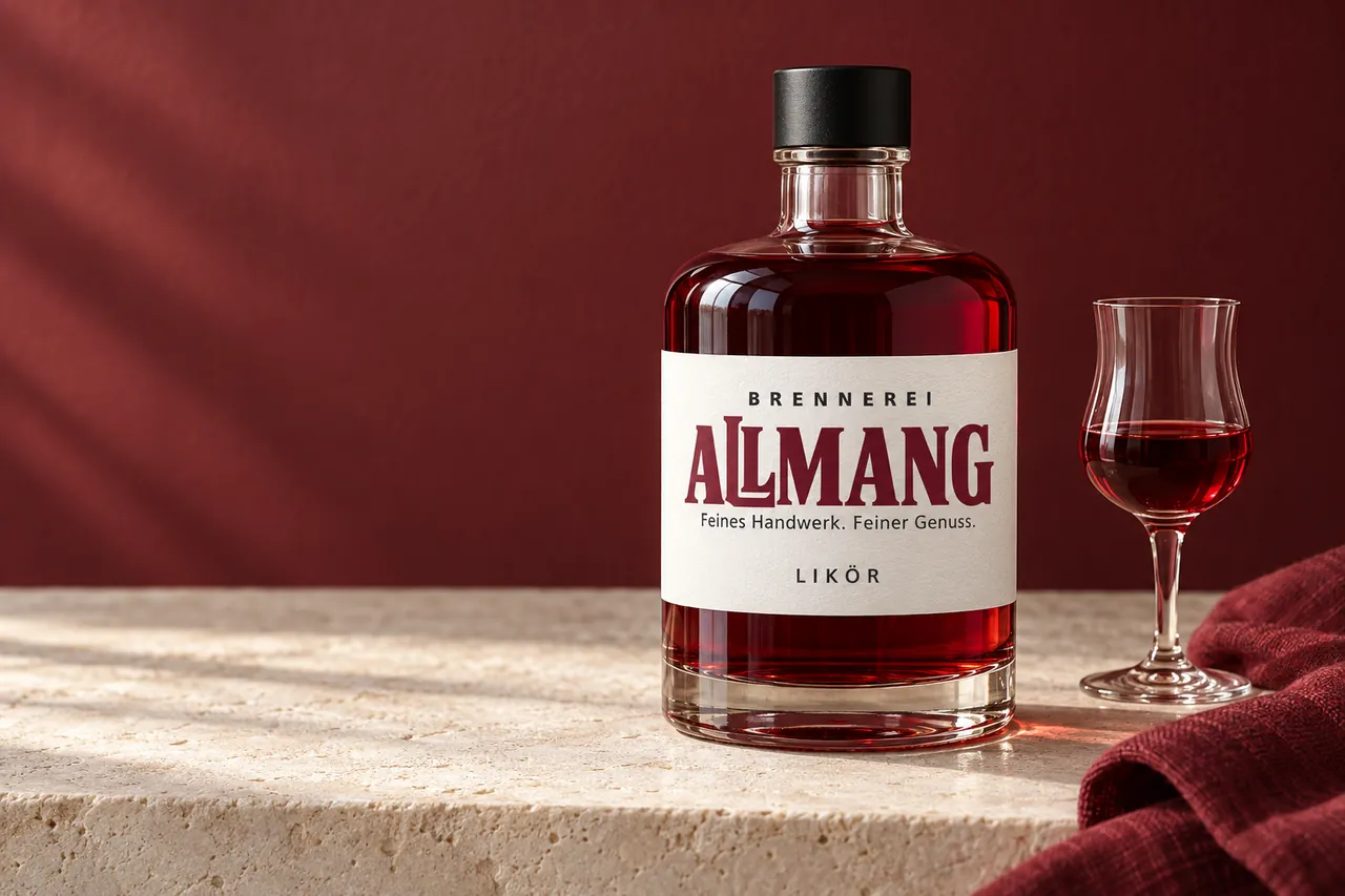 Likörflasche von Brennerei Allmang mit rotem Likör und Probierglas vor kirschroter Wand