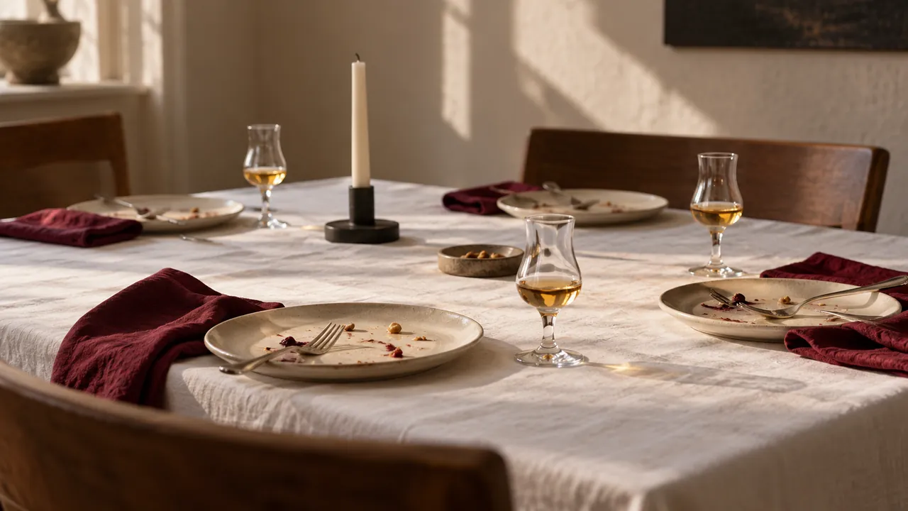 Gedeckte Tafel nach dem Essen mit weißem Tischtuch, kirschroten Servietten und kleinen Verkostungsgläsern