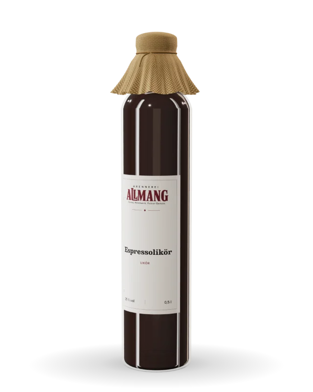 Espressolikör von ALLMANG, 25 % vol – Visualisierung der Flasche mit Etikett