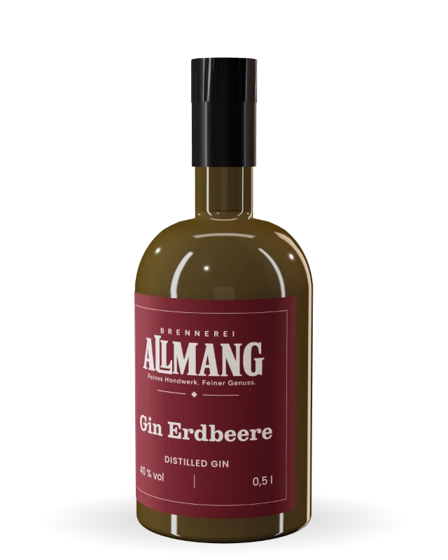 Gin Erdbeere von ALLMANG, 40 % vol – Visualisierung der Flasche mit Etikett