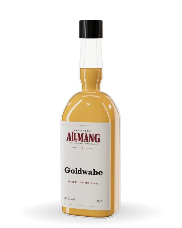 Goldwabe Honig-Whiskylikör von ALLMANG, 35 % vol – Visualisierung der Flasche mit Etikett