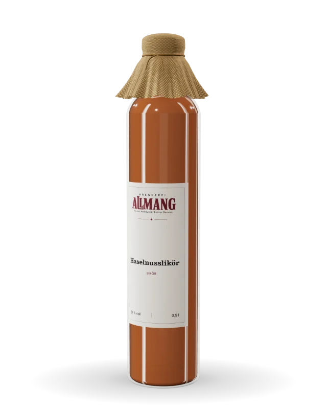 Haselnusslikör Haselnusslikör von ALLMANG, 28 % vol – Visualisierung der Flasche mit Etikett