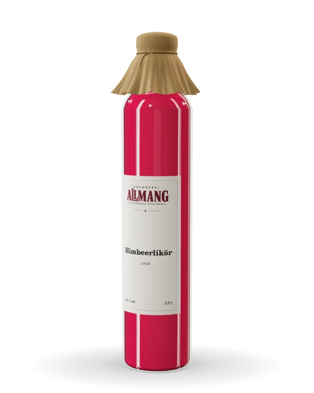 Himbeerlikör von ALLMANG, 28 % vol – Visualisierung der Flasche mit Etikett