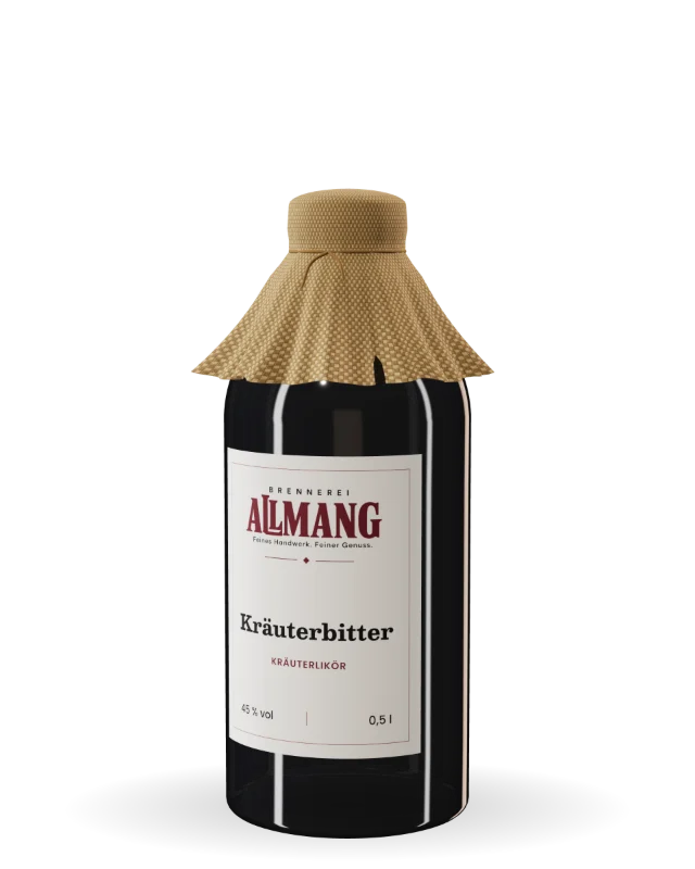 Kräuterbitter von ALLMANG, 45 % vol – Visualisierung der Flasche mit Etikett