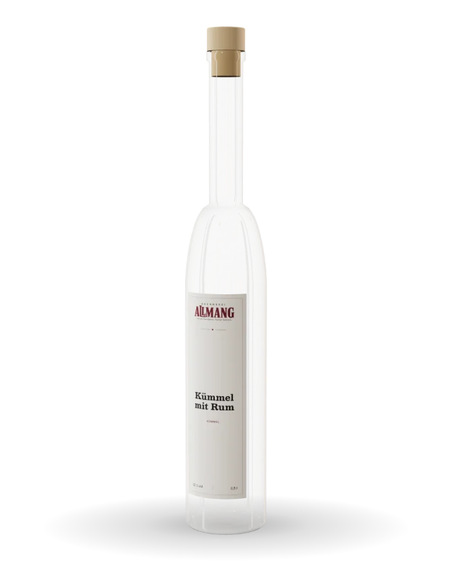 Kümmel mit Rum von ALLMANG, 32 % vol – Visualisierung der Flasche mit Etikett
