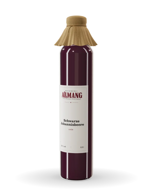 Schwarze Johannisbeere von ALLMANG, 28 % vol – Visualisierung der Flasche mit Etikett
