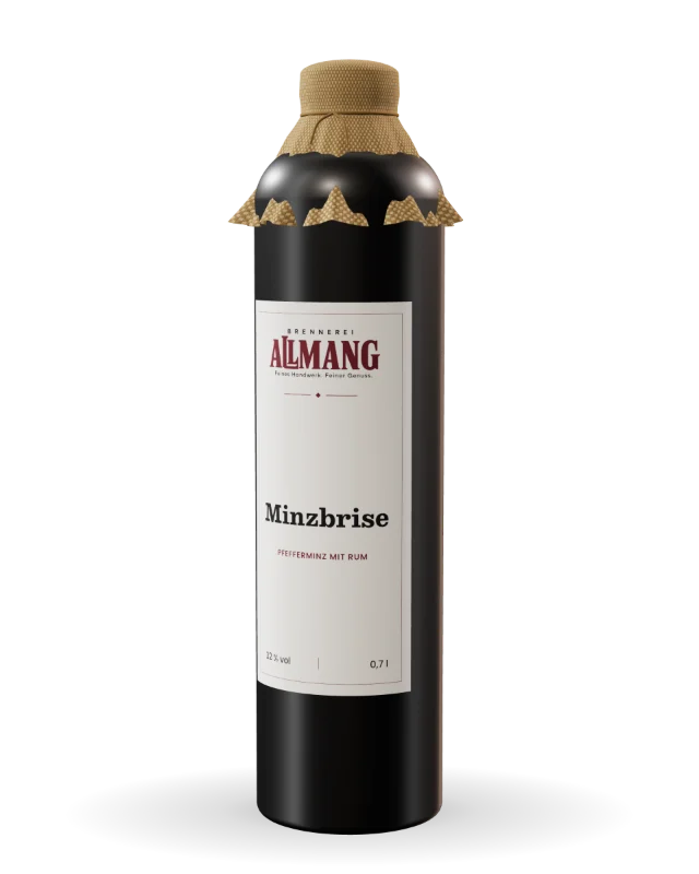 Minzbrise Pfefferminz mit Rum von ALLMANG, 32 % vol – Visualisierung der Flasche mit Etikett