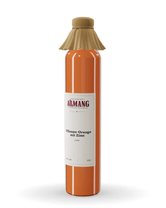 Pflaume-Orange mit Zimt von ALLMANG, 28 % vol – Visualisierung der Flasche mit Etikett