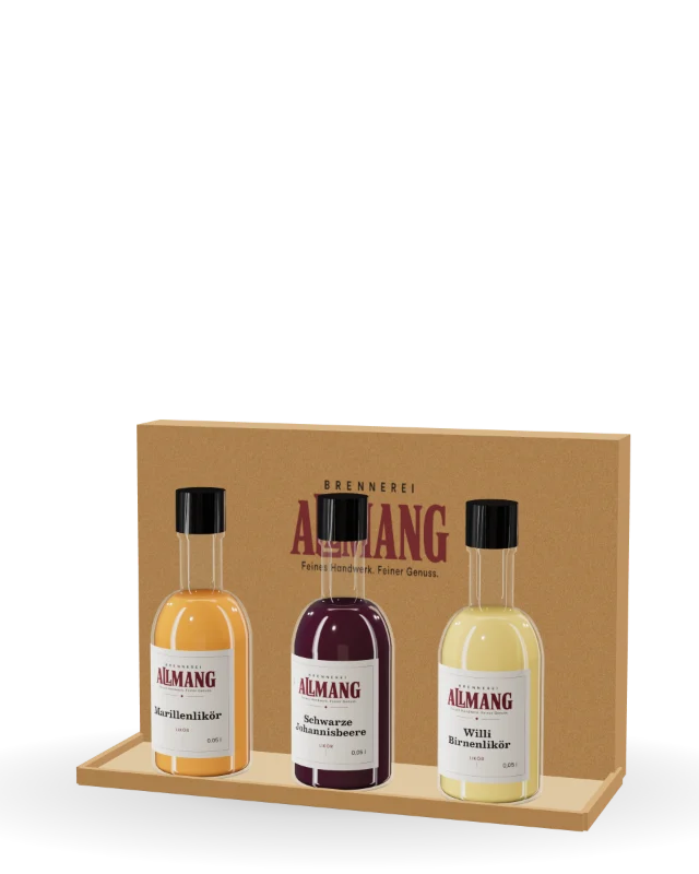 Probierset Frucht von ALLMANG, 28 % vol – Visualisierung der Flasche mit Etikett