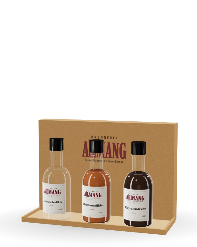 Probierset Genuss Probierset Genuss von ALLMANG, 30, 28 und 25 % vol – Visualisierung der Flasche mit Etikett