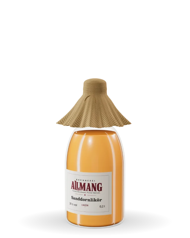 Sanddornlikör von ALLMANG, 28 % vol – Visualisierung der Flasche mit Etikett