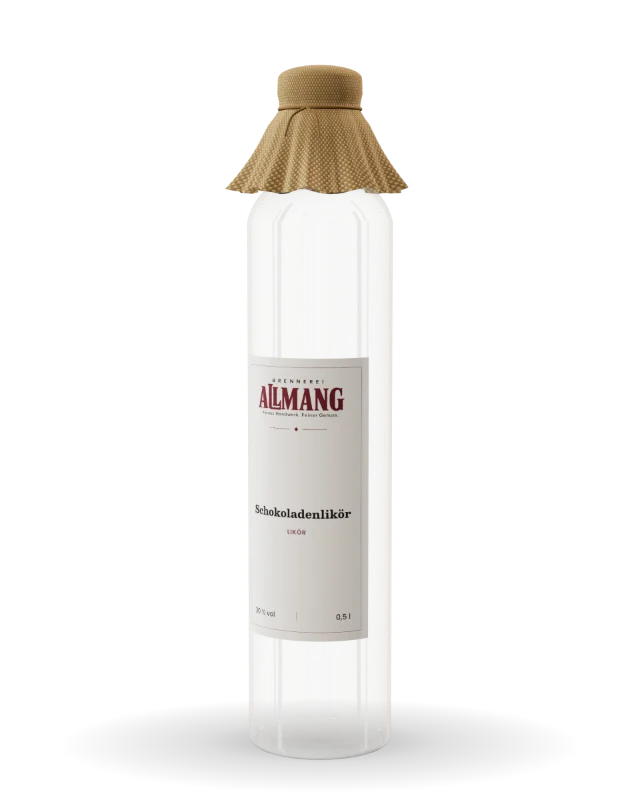 Schokoladenlikör von ALLMANG, 30 % vol – Visualisierung der Flasche mit Etikett
