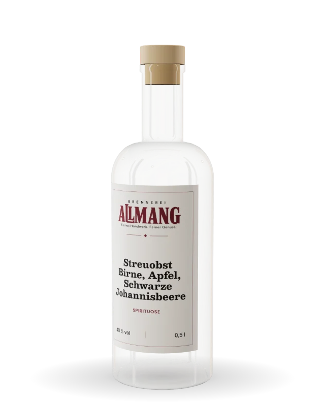 Streuobst Birne, Apfel, Schwarze Johannisbeere von ALLMANG, 40 % vol – Visualisierung der Flasche mit Etikett