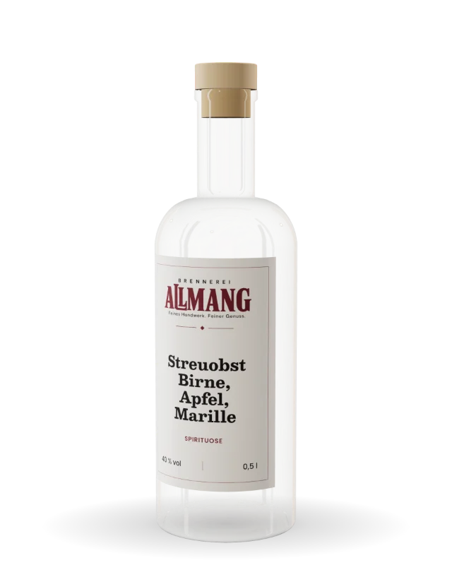 Streuobst Birne, Apfel, Marille von ALLMANG, 40 % vol – Visualisierung der Flasche mit Etikett
