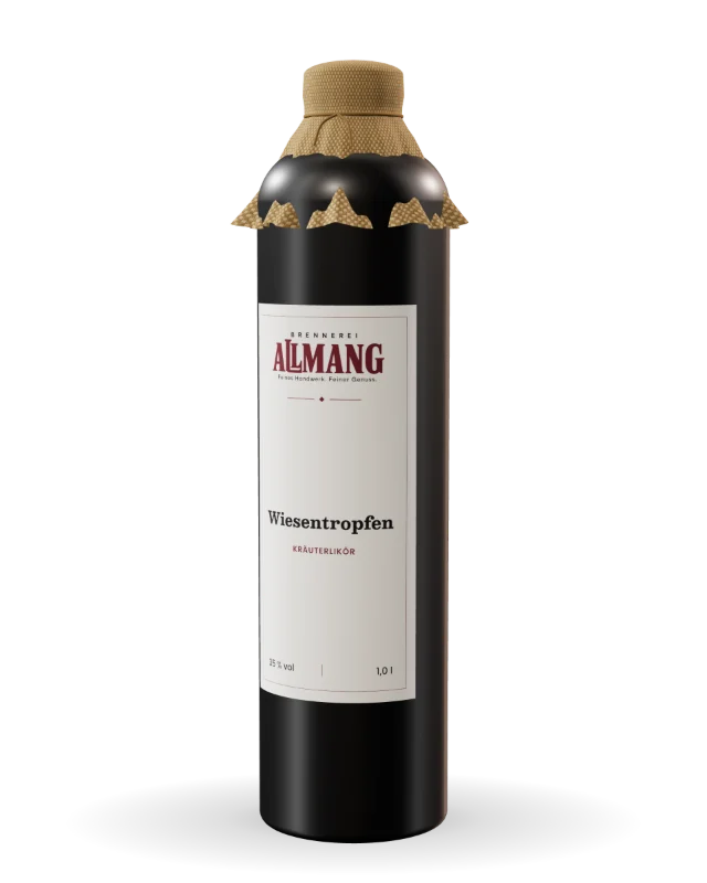Wiesentropfen Kräuterlikör von ALLMANG, 35 % vol – Visualisierung der Flasche mit Etikett