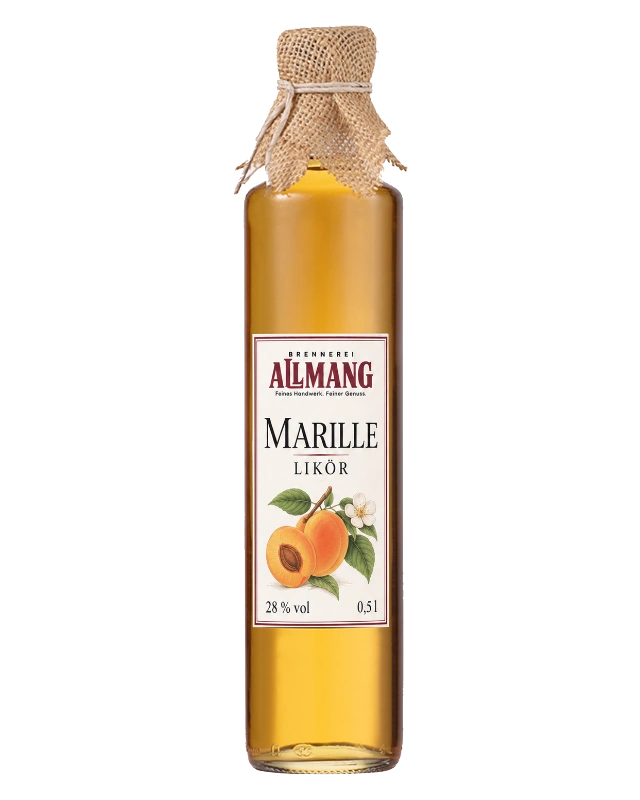 Marillenlikör Marillenlikör 0,5 l: originale fotografierte Flasche mit montiertem ALLMANG-Etikett