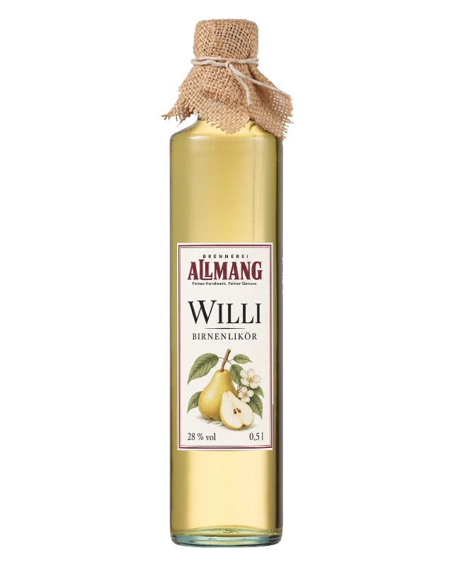 Willi Birnenlikör 0,5 l: originale fotografierte Flasche mit montiertem ALLMANG-Etikett