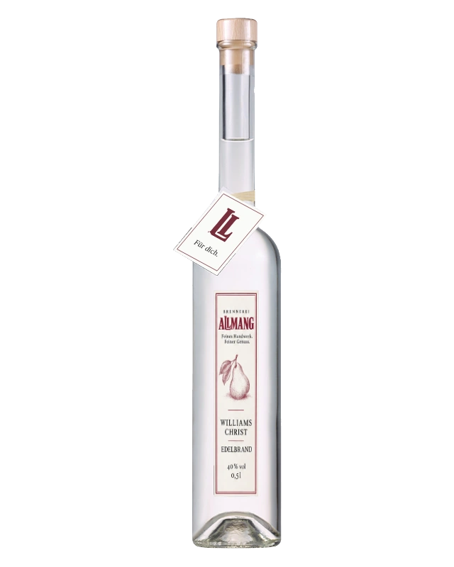 Williams-Christ Edelbrand 0,5 l: originale fotografierte Flasche mit montiertem ALLMANG-Etikett