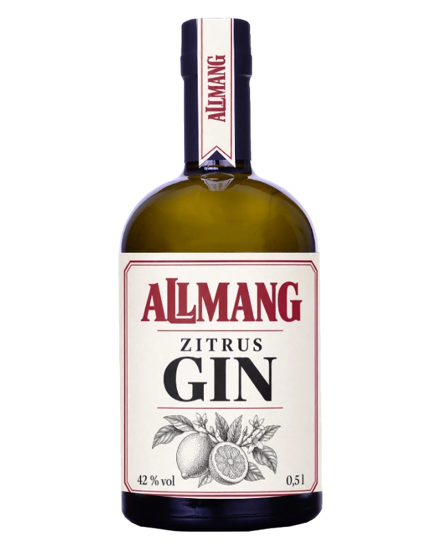 Zitrus Gin 0,5 l: originale fotografierte Flasche mit montiertem ALLMANG-Etikett
